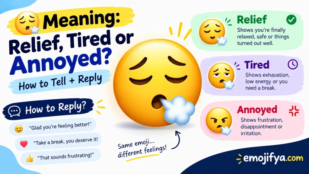 😮‍💨 Face Exhaling emoji meaning infographic showing relief, tiredness, annoyance, and how to reply,