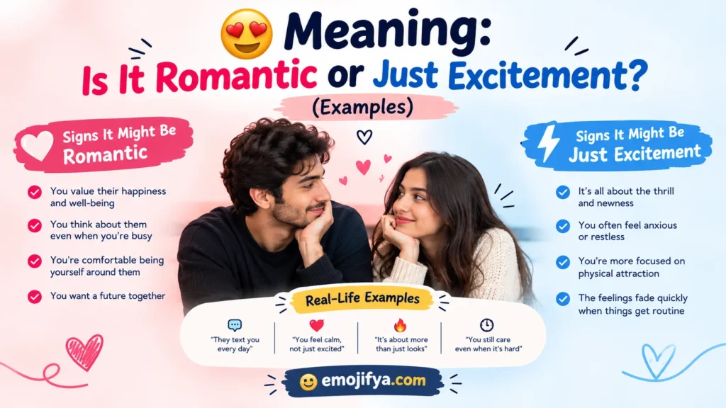😍 Meaning: Is It Romantic or Just Excitement? Infographic explaining the signs of genuine romantic feelings versus temporary excitement, with real-life relationship examples